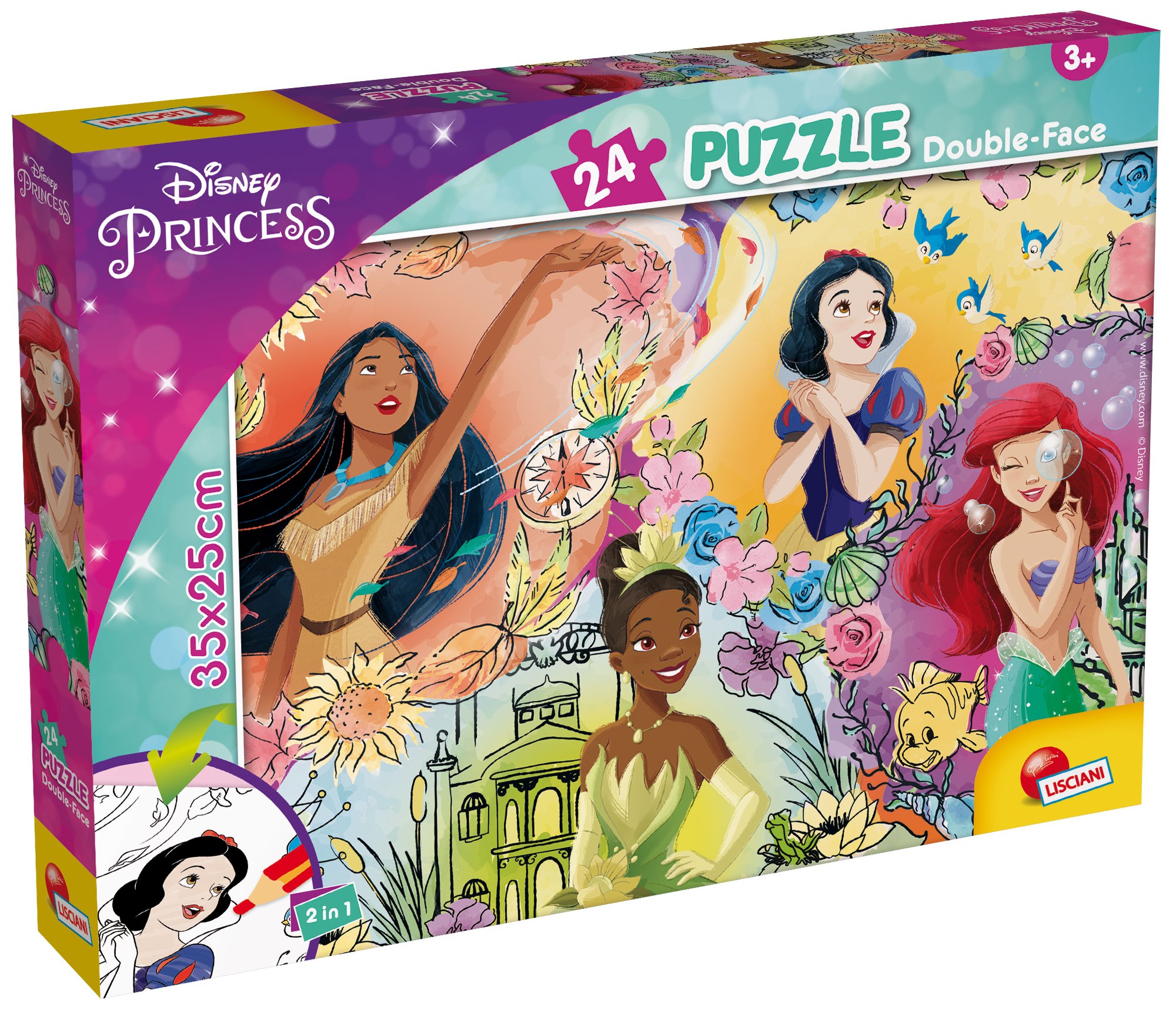 Puzzle cu două fețe Lisciani de colorat din 24 piese - Prințese