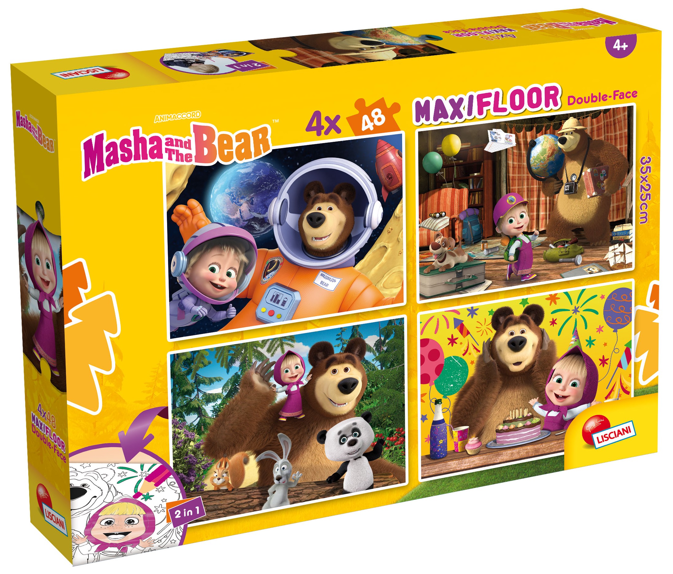 Puzzle cu două fețe Lisciani pentru colorare 4 х 48 piese - Masha și Ursul