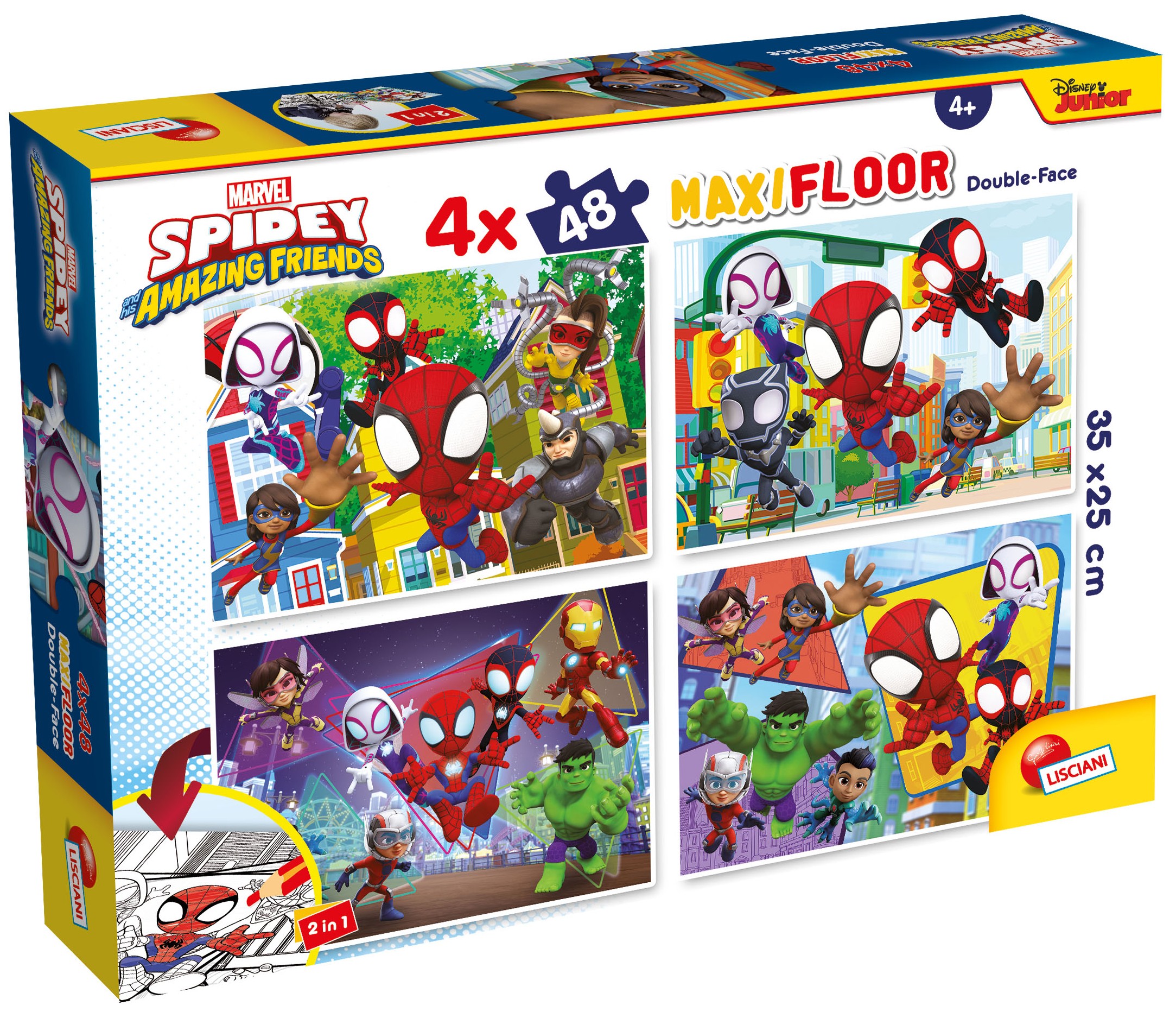 Puzzle cu două fețe Lisciani pentru colorat 4 х 48 piese- Spidey