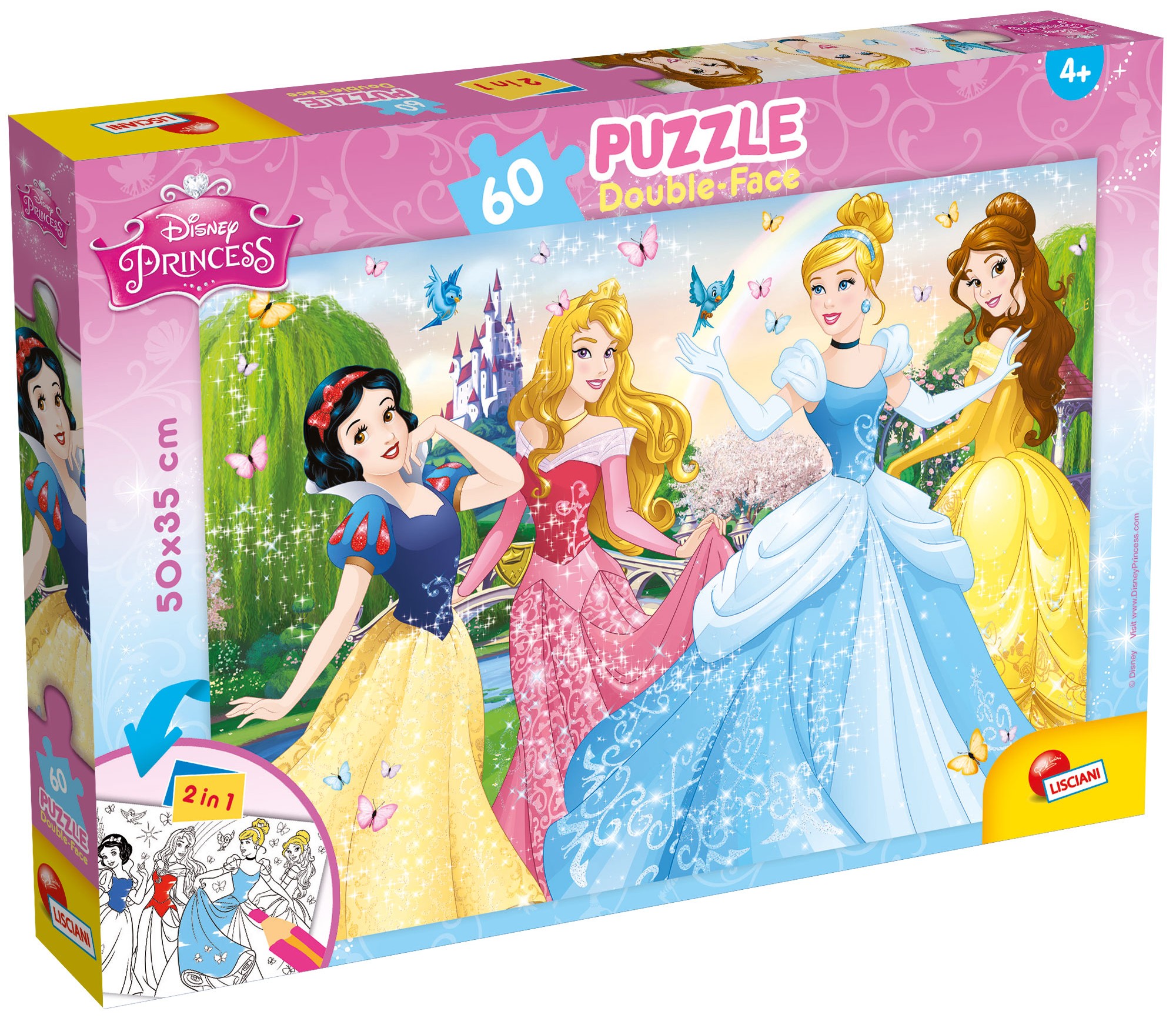 Puzzle cu două fețe Lisciani de colorat din 60 piese - Prințese Disney