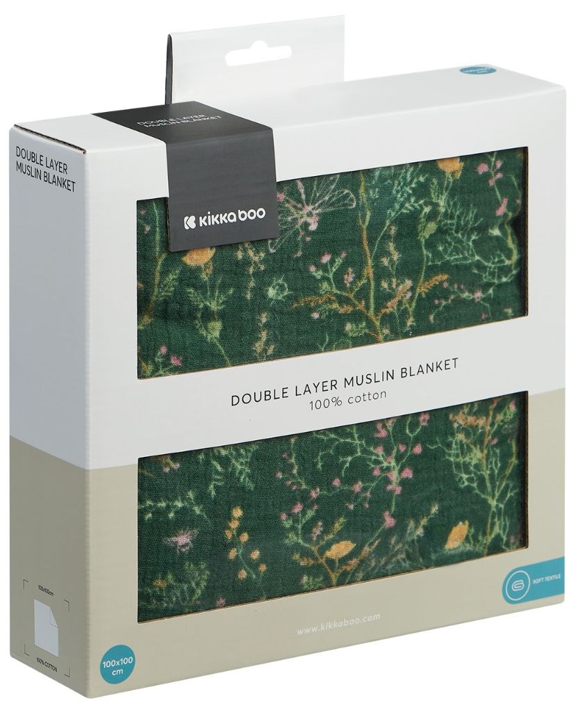 Pătură de muselină cu două straturi KikkaBoo - Secret Garden, 100 х 100 cm, verde
