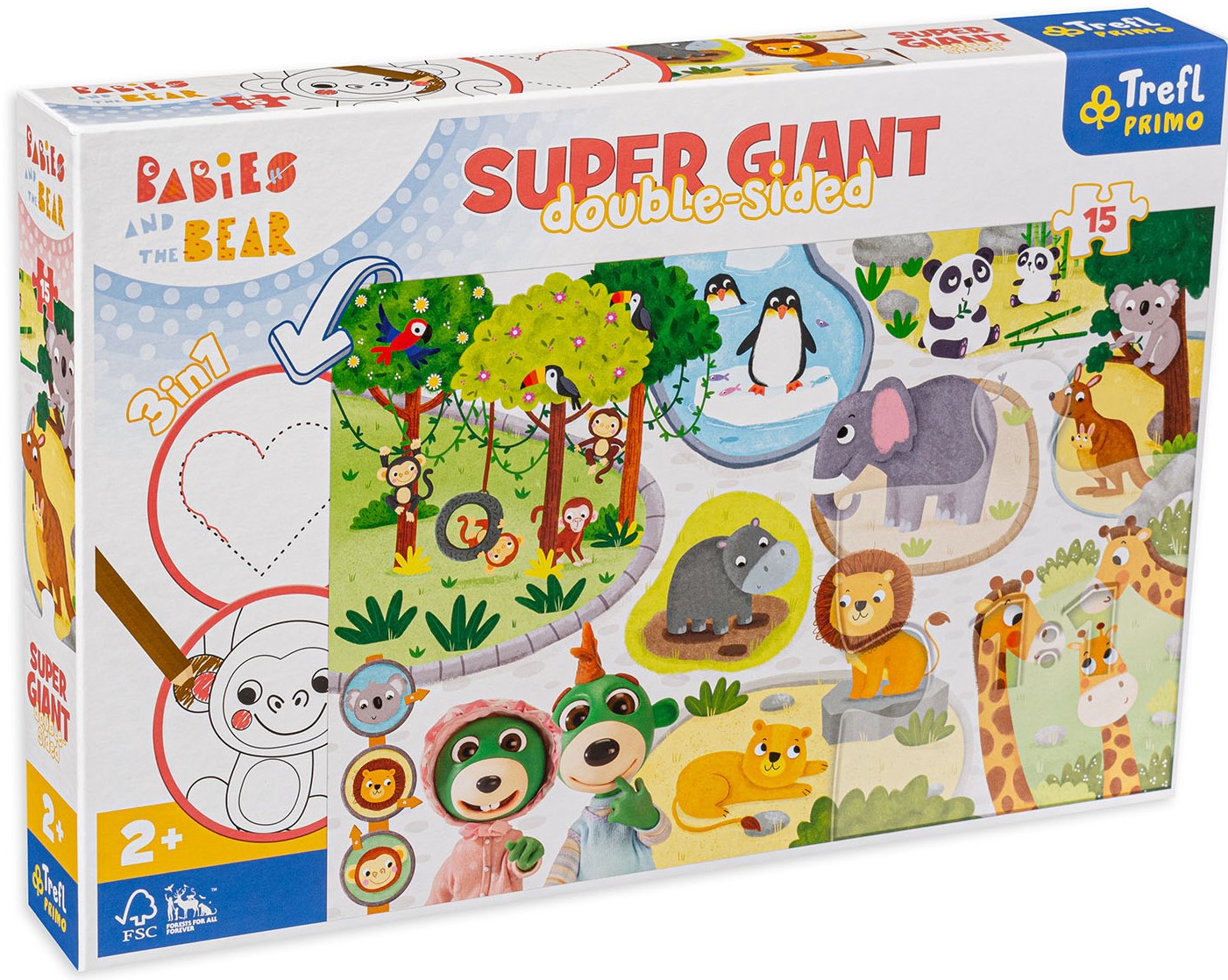 Puzzle cu două fețe Trefl 3 în 1 din 15 piese - Pui de animale în grădina zoologică