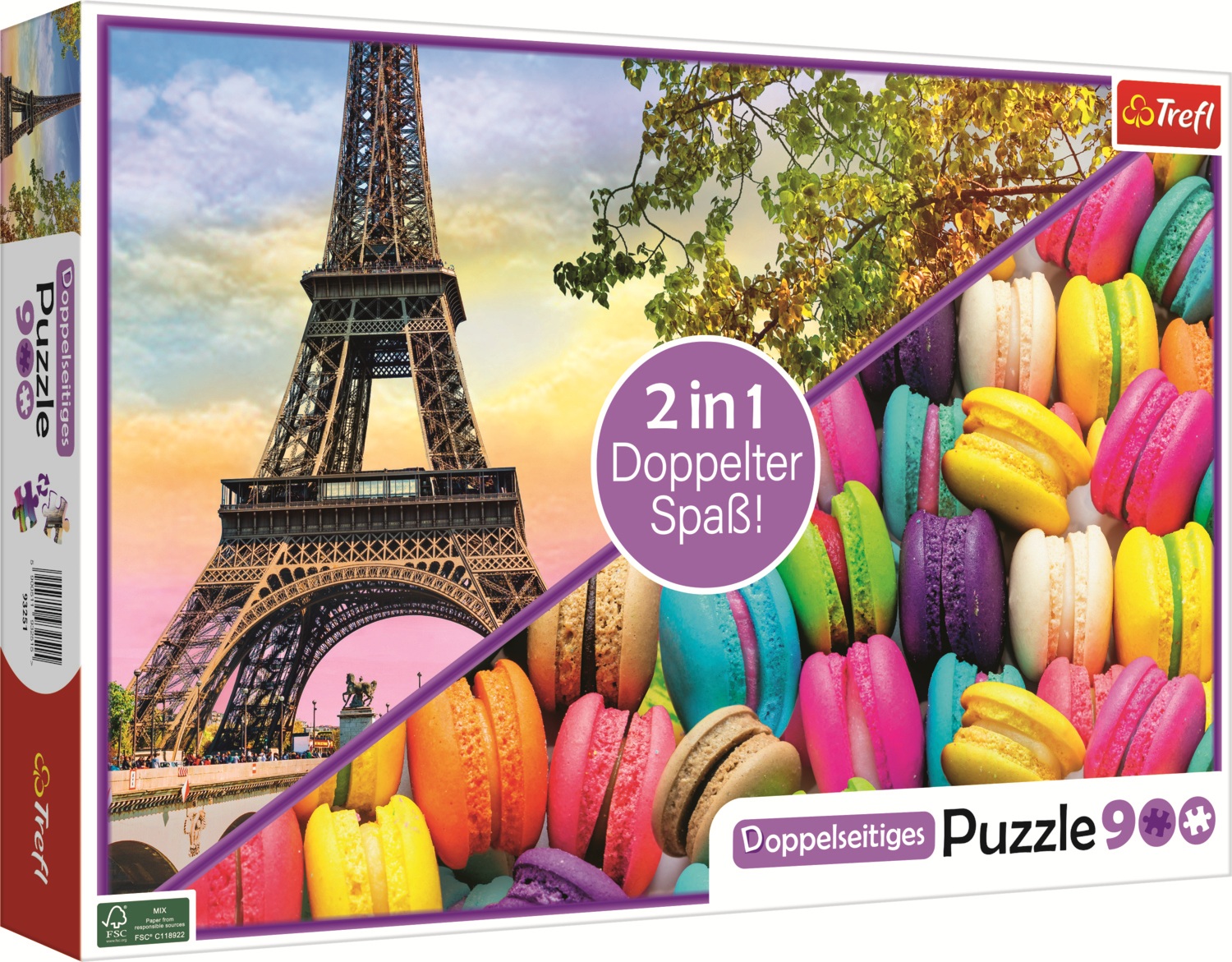Puzzle cu două fețe Trefl din 900 piese - Turnul Eiffel și macaroane