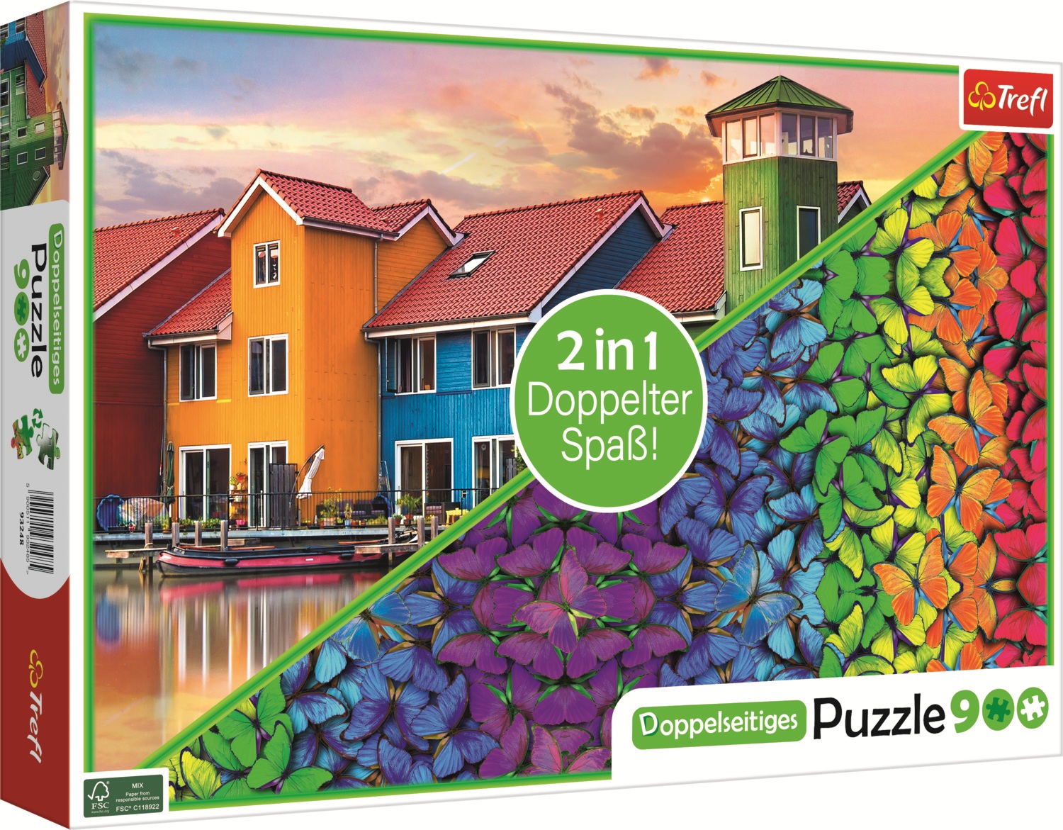 Puzzle cu două fețe Trefl din 900 piese - Port și fluturi