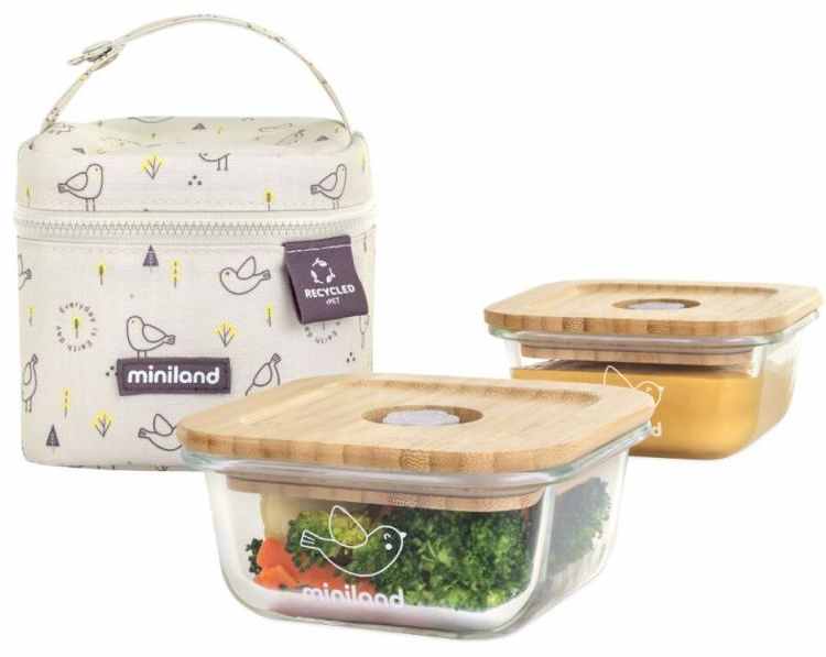 Set de recipiente ecologice cu geantă frigorifică Miniland - Bird, 2 x 210 ml