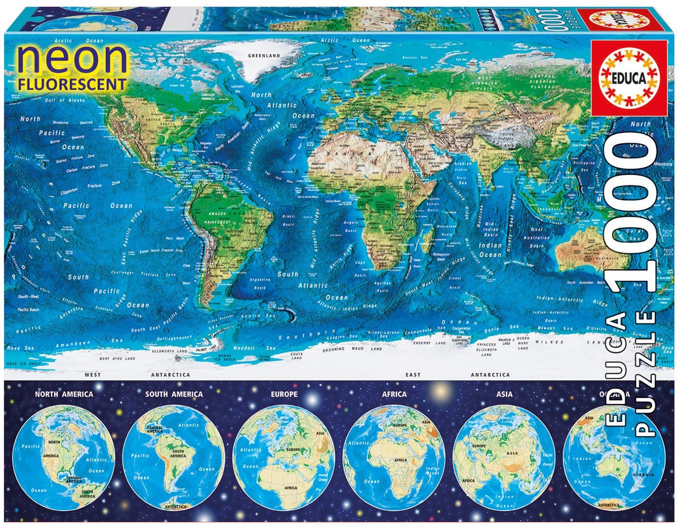 Puzzle neon Educa din 1000 de piese - Harta lumii
