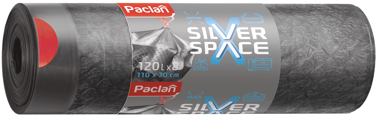 Saci de gunoi elastici cu legături  Paclan - Silver Space, 120 l, 8 buc., gri