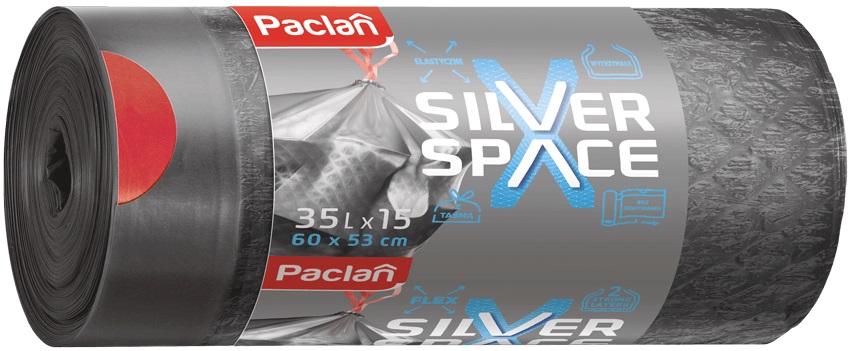 Saci de gunoi elastici cu legături  Paclan - Silver Space, 35 l, 15 buc., gri