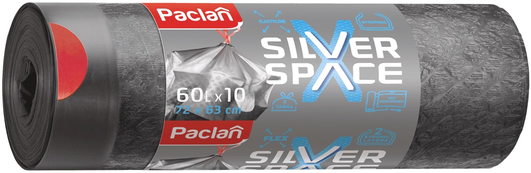 Saci de gunoi elastici cu legături  Paclan - Silver Space, 60 l, 10 buc., gri