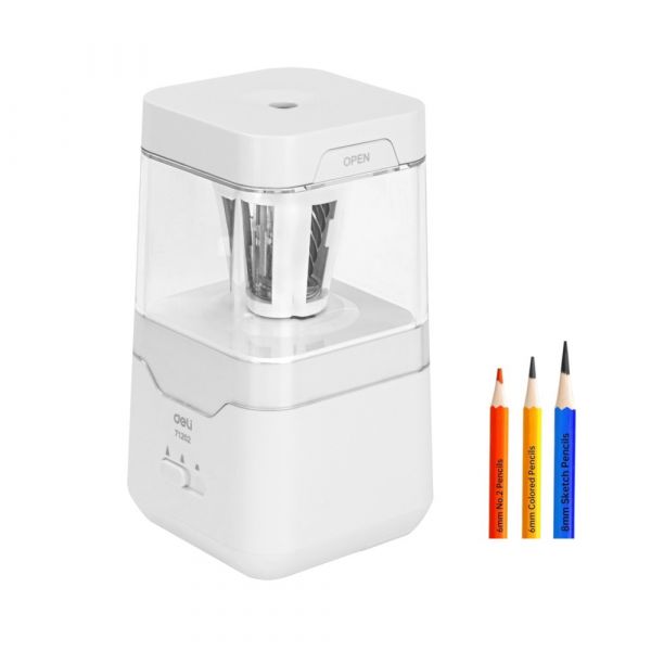 Ascuțitoare electrică Deli Premium - E71202, sursă de alimentare dublă, albă