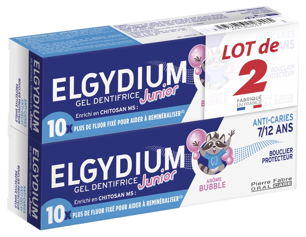 Elgydium Set Junior - Pastă de dinți pentru copii cu aromă de gumă de mestecat, 7-12 ani, 2 x 50 ml