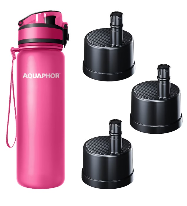 Sticlă de apă filtrantă Aquaphor - City, 0.5 l, 3 filtre, roz