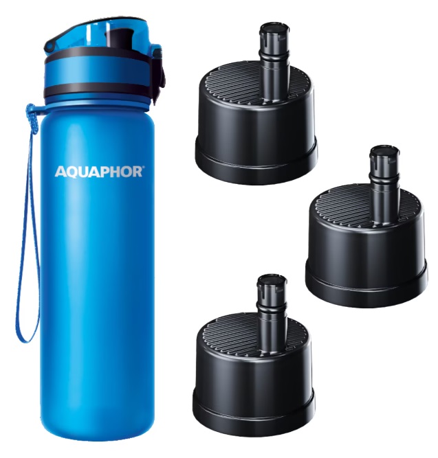 Sticlă de apă filtrantă Aquaphor - City, 0.5 l, 3 filtre, albastru
