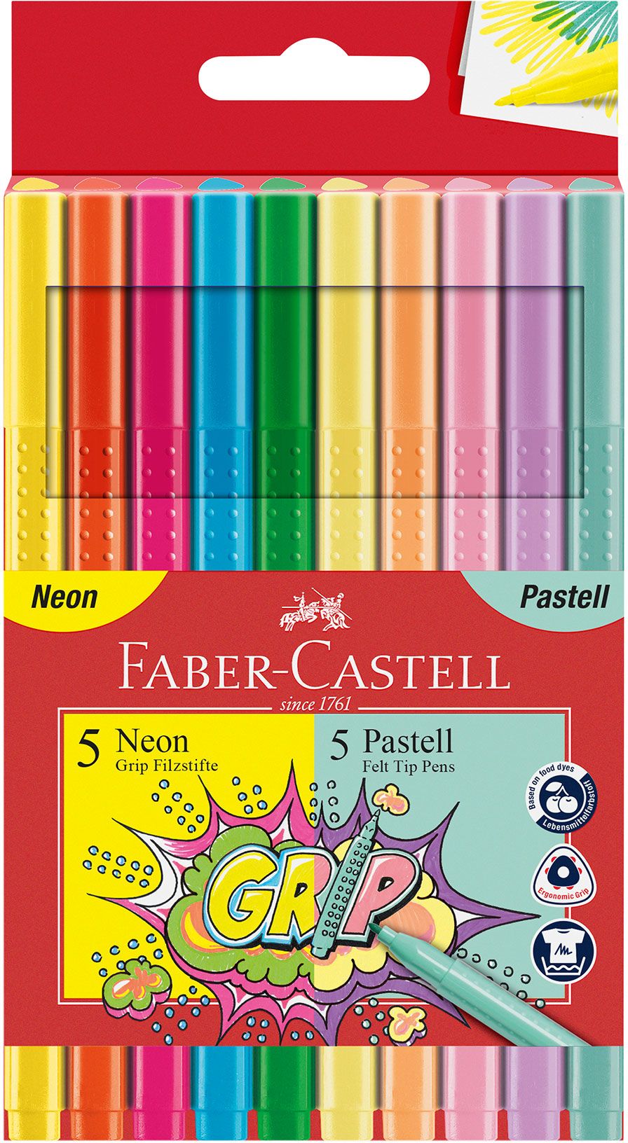 Carioci Faber-Castell Grip - 5 culori neon di 5 culori pastelate