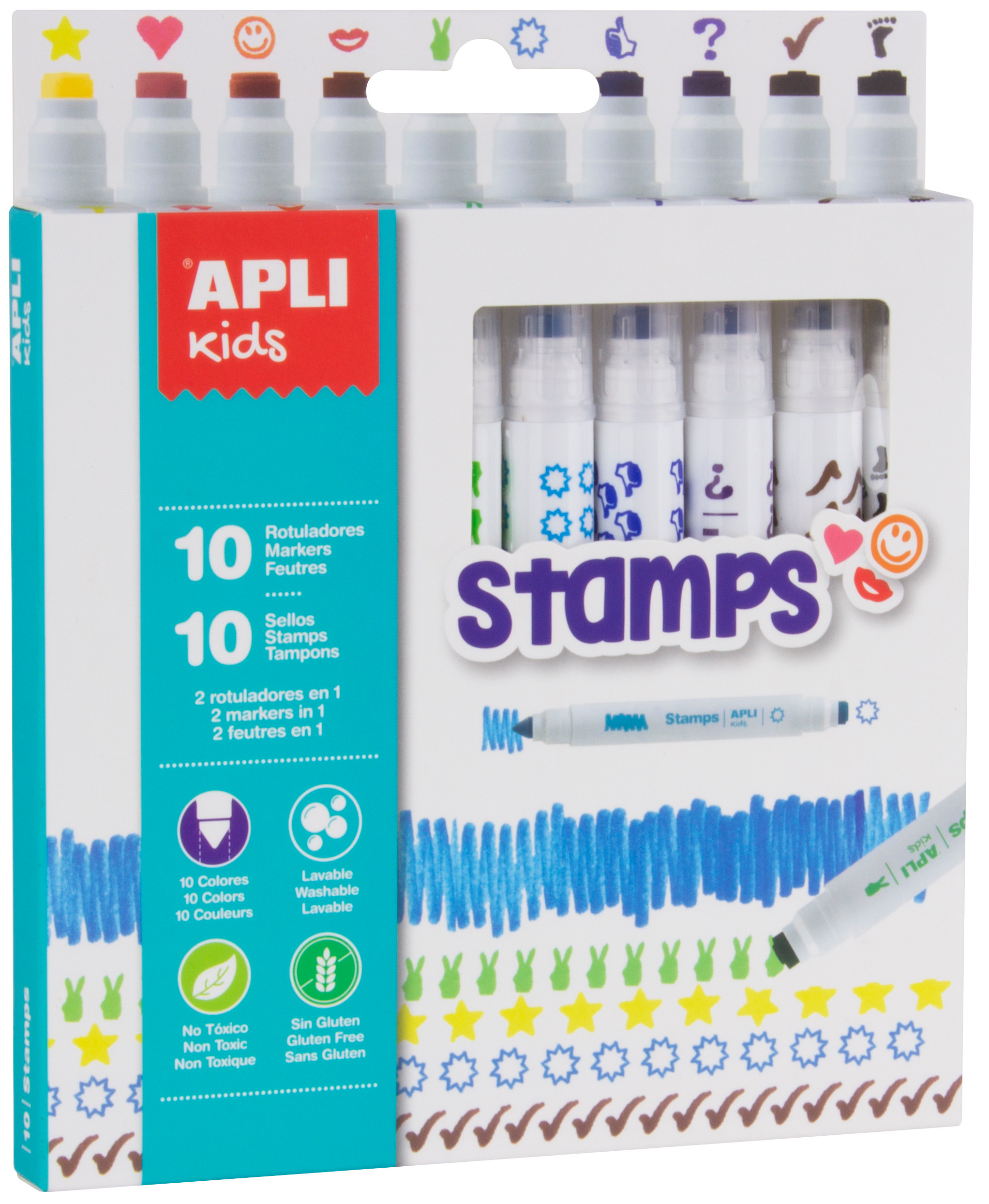 Set carioci APLI - 2 in 1, cu stampile, 10 culori