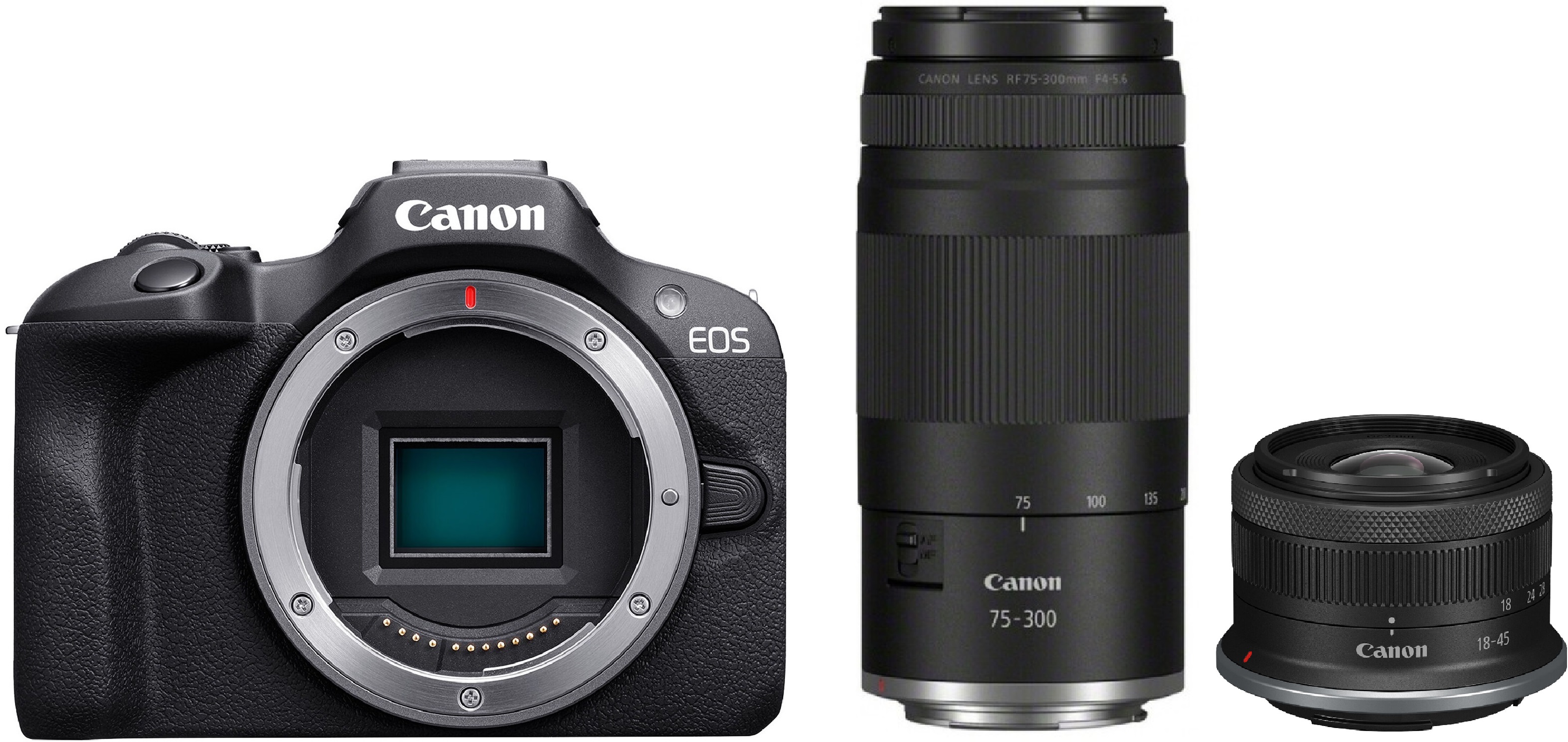 Aparat foto Canon EOS R100 + RF-S 18-45 mm + RF 75-300 mm, f/4-5.6
