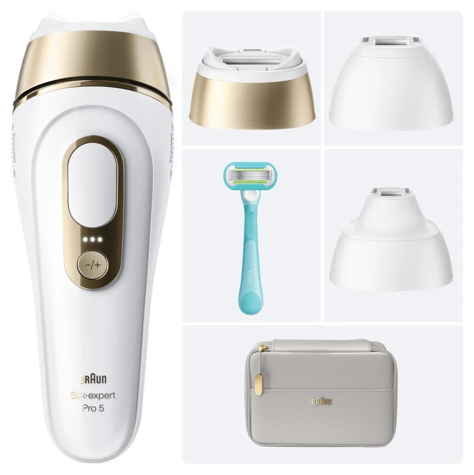 Epilator cu lumină pulsată Braun – Silk-expert Pro 5 PL5351, 3 trepte, 3 accesorii, 400K impulsuri, alb/auriu