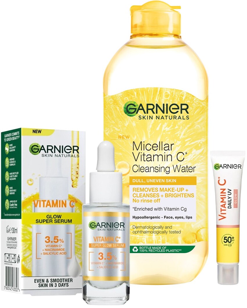 Garnier Skin Naturals Set - Apă micelară, ser și fluid, SPF50, 400 + 30 + 40 ml