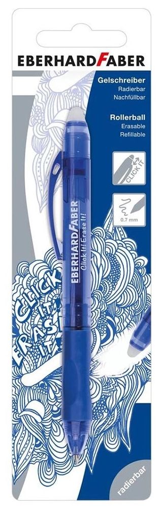 Roller cu gel Eberhard Faber - Click it, automat, ștergabil, 0,7 mm, cerneală albastră