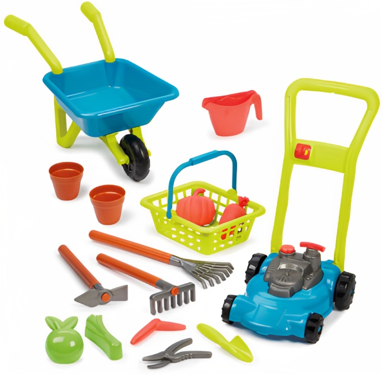 Set de grădinărit Ecoiffier 3 în 1 - Cositoare, roabă și coș de scule, 16 piese