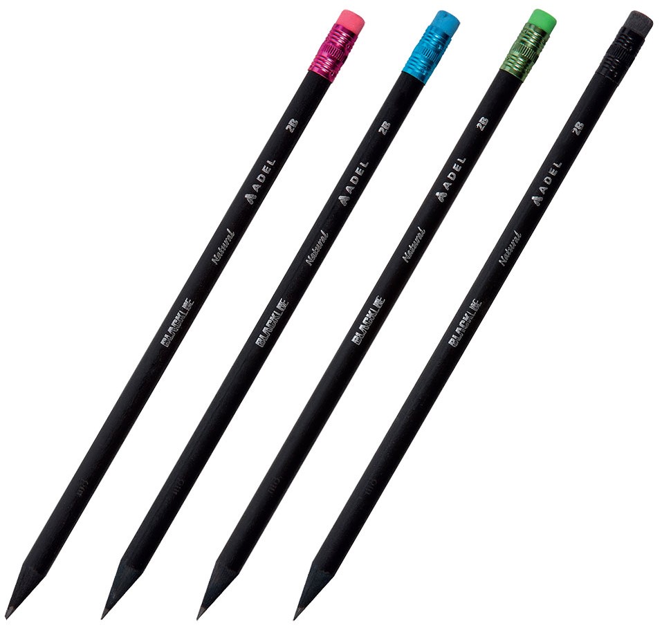 Creion grafit Adel Blackline Natural - 2B cu radiera, asortiment