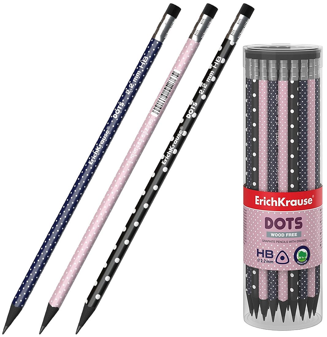 Creion grafit cu radieră Erich Krause Dots - HB, rotunde, în tub, 42 buc