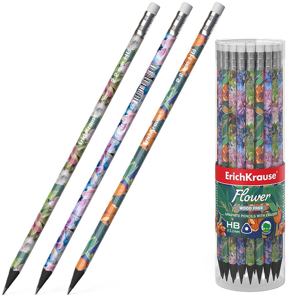 Creion grafit cu radieră Erich Krause - Flower, HB, în tub, 42 buc