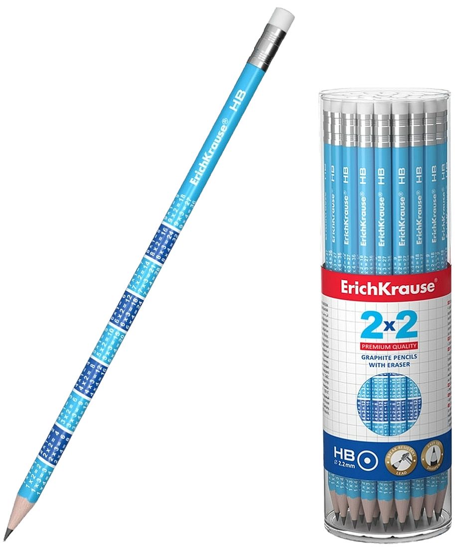 Creion grafit cu radieră Erich Krause - Cu tabla înmulțirii 2x2, HB, în tub, 42 buc