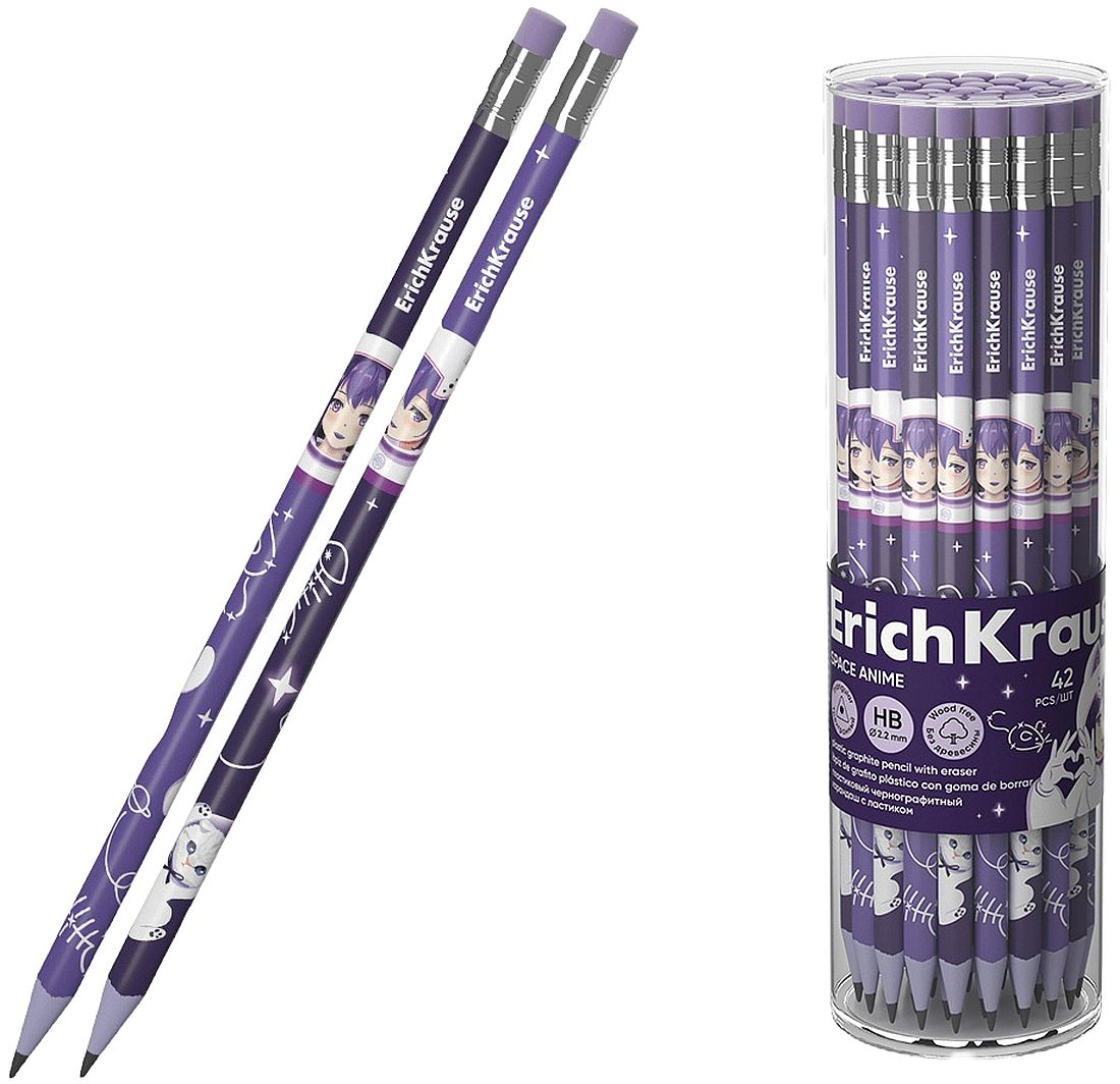 Creion grafit cu radieră Erich Krause - Anime, HB, în tub, 42 buc