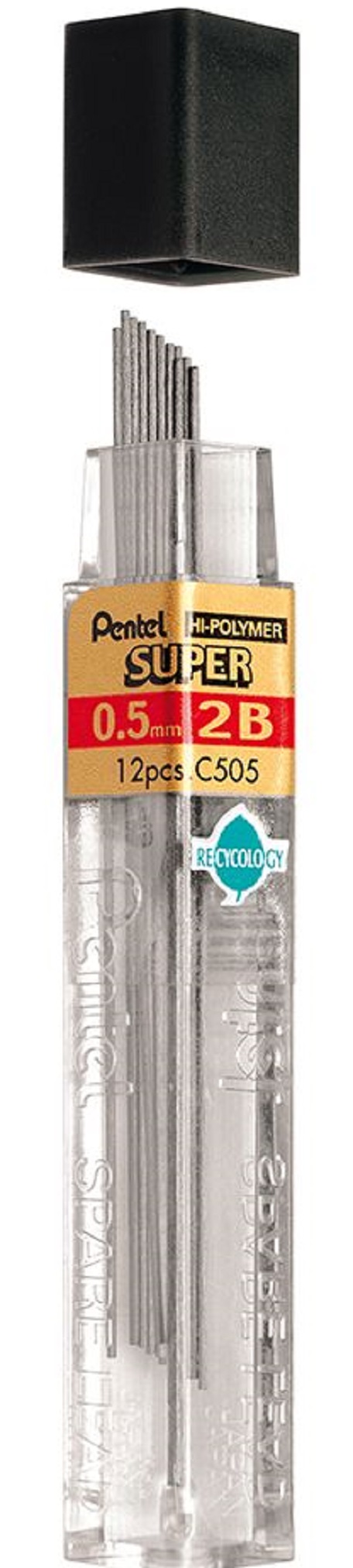 Mine grafit Pentel Hi - Polymer - 2B, 0.5mm, 12 bucati