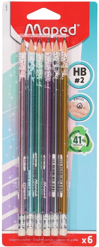 Creioane grafit Maped - Glitter, HB, cu gumă de șters, 6 bucăți