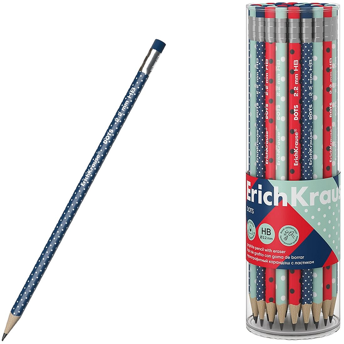 Creioane grafit cu radieră Erich Krause Dots - HB, triunghiular, în tub, 42 buc