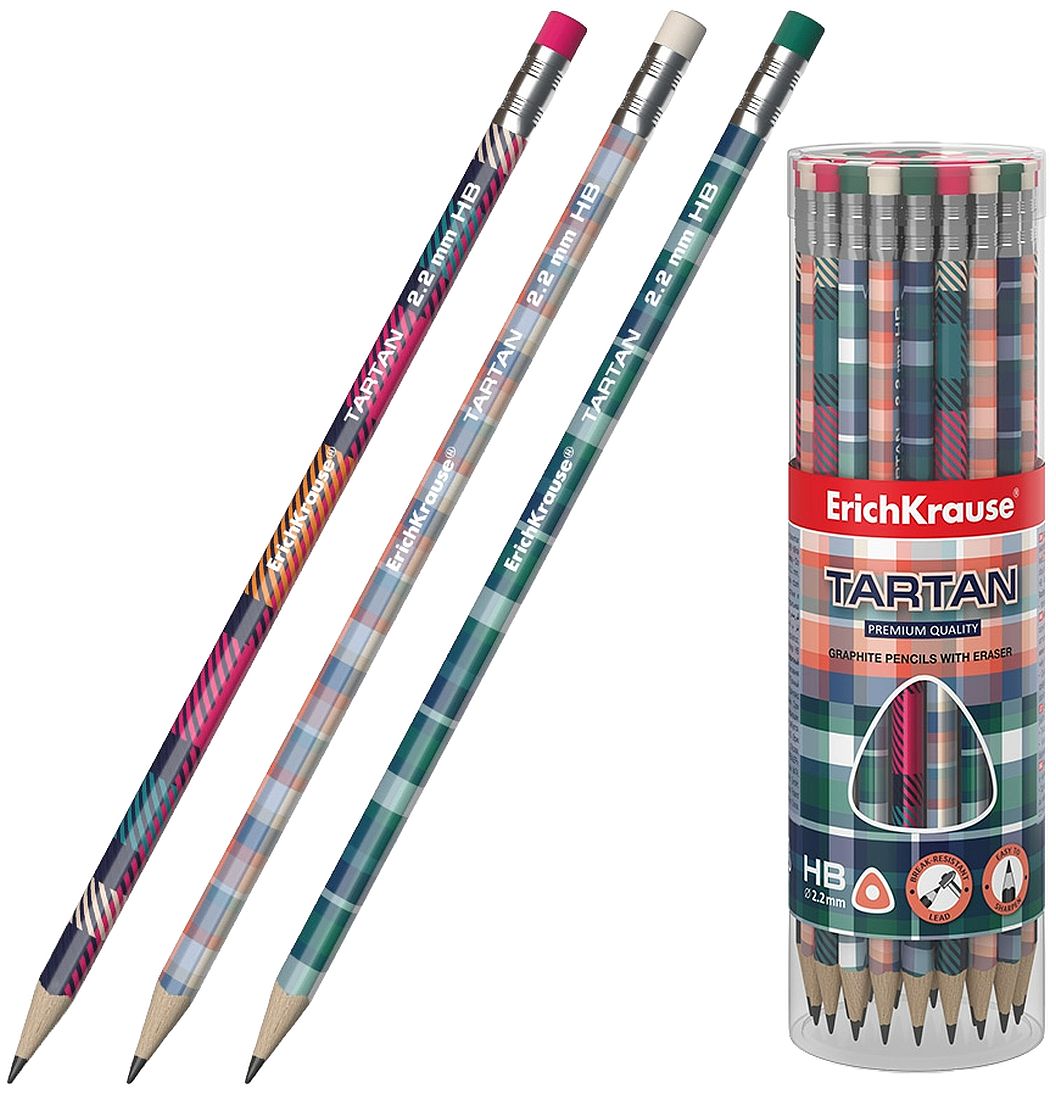 Creioane grafit cu radieră Erich Krause Tartan - HB, în tub, 42 buc
