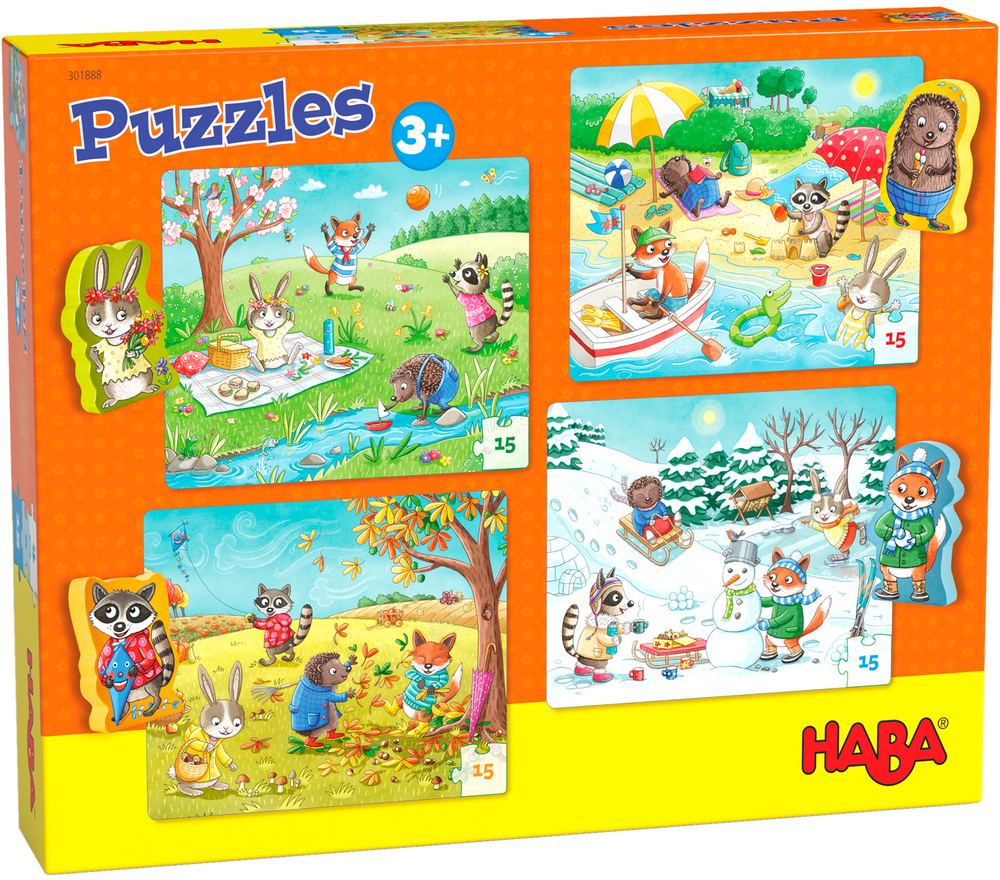 Puzzle-uri pentru copii Haba 4 x 15 - Anotimpuri, cu 4 figurine din lemne