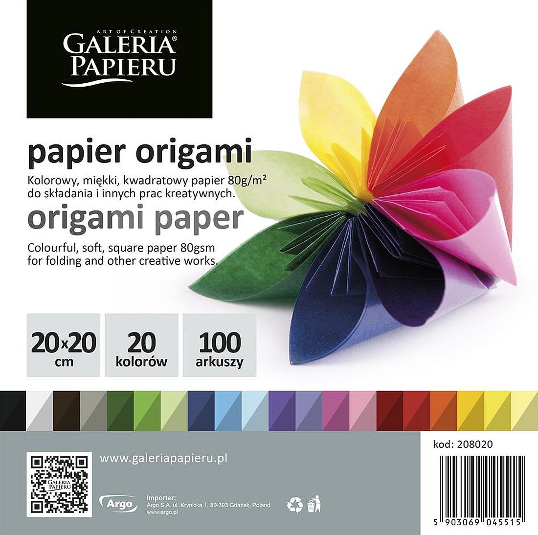Hârtie pentru origami Galeria Papieru - 20 x 20 cm, 20 culori x 5 foi