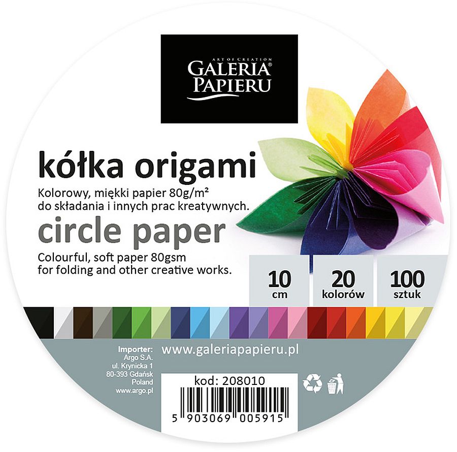 Hârtie pentru origami Galeria Papieru - Rotundă, 10 cm, 20 de culori x 5 foi