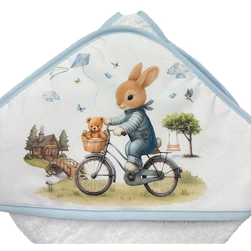 Prosop cu glugă  Bambino Casa - Blu Rabbit Bicycle, 100 х 100 cm