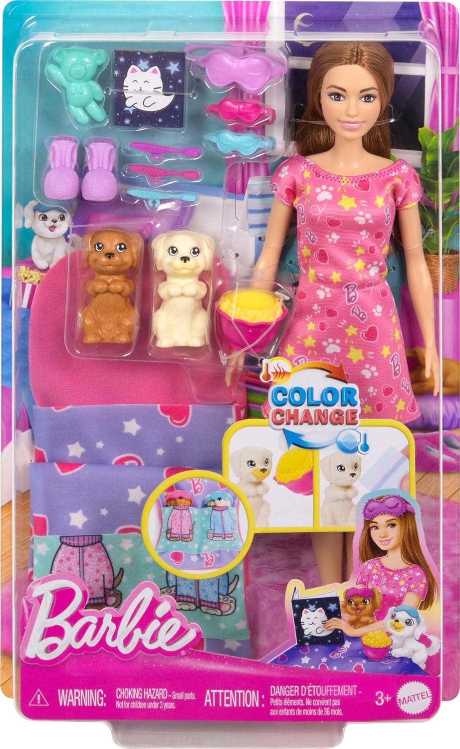 Set joc  Barbie Color Change -Petrecere în pijamale cu cățeluși Barbie