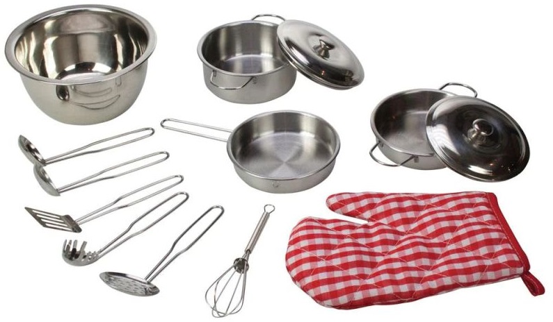 Set de joacă Bigjigs - Ustensile de bucătărie, din oțel inoxidabil