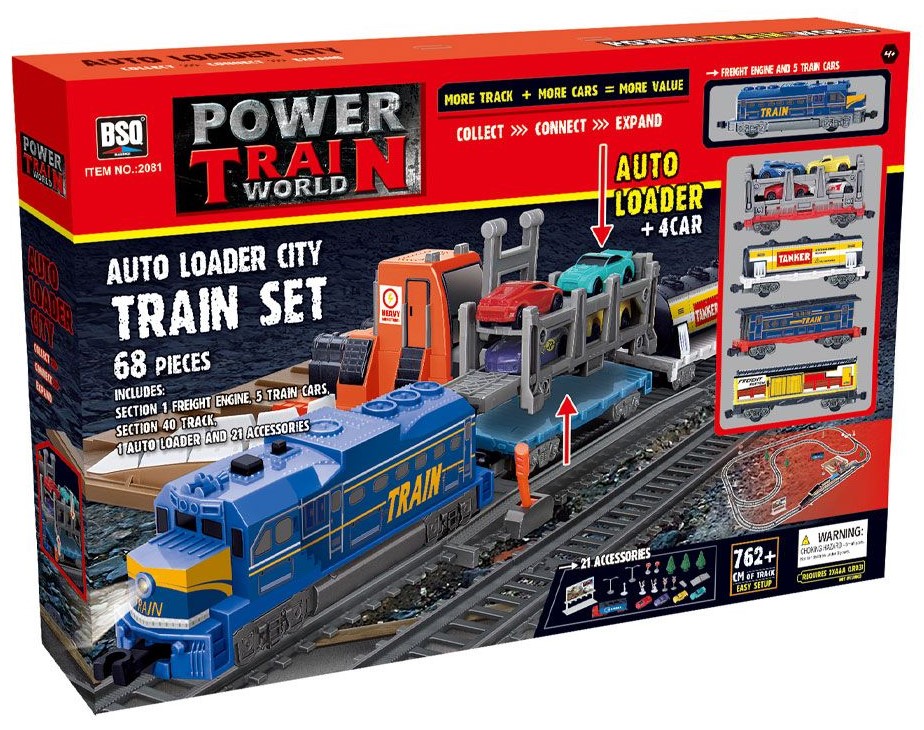 Set joc BSQ Power Train World - Tren de marfă cu un transportator de mașini, 762 cm, 68 piese