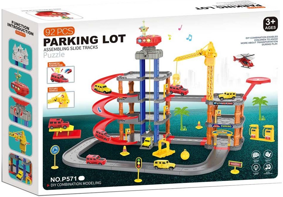 Set joc Felyx Toys - Parcare cu macara și heliport, 92 piese