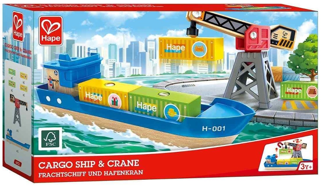 Set de joc Hape International - Navă de marfă și macara