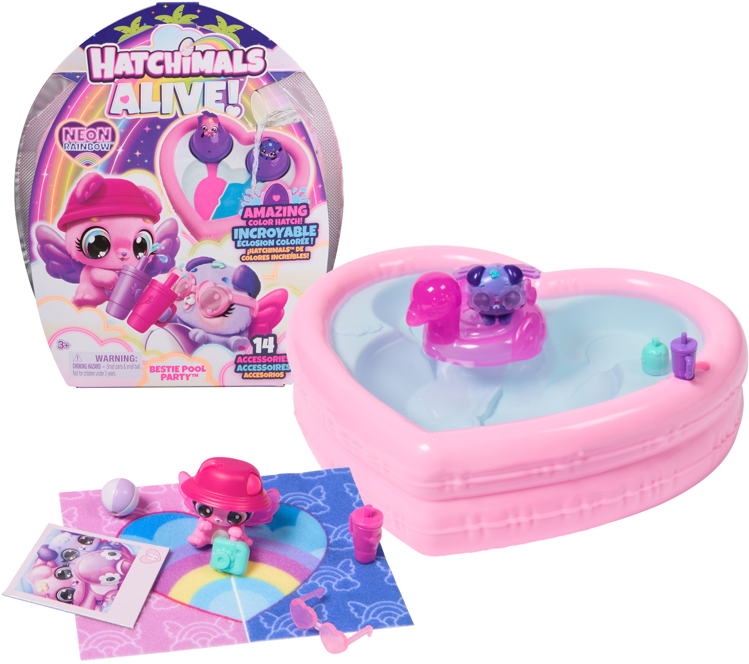 Set de joacă Hatchimals Alive - Neon Rainbow Bestie Pool Party, cu 14 accesorii