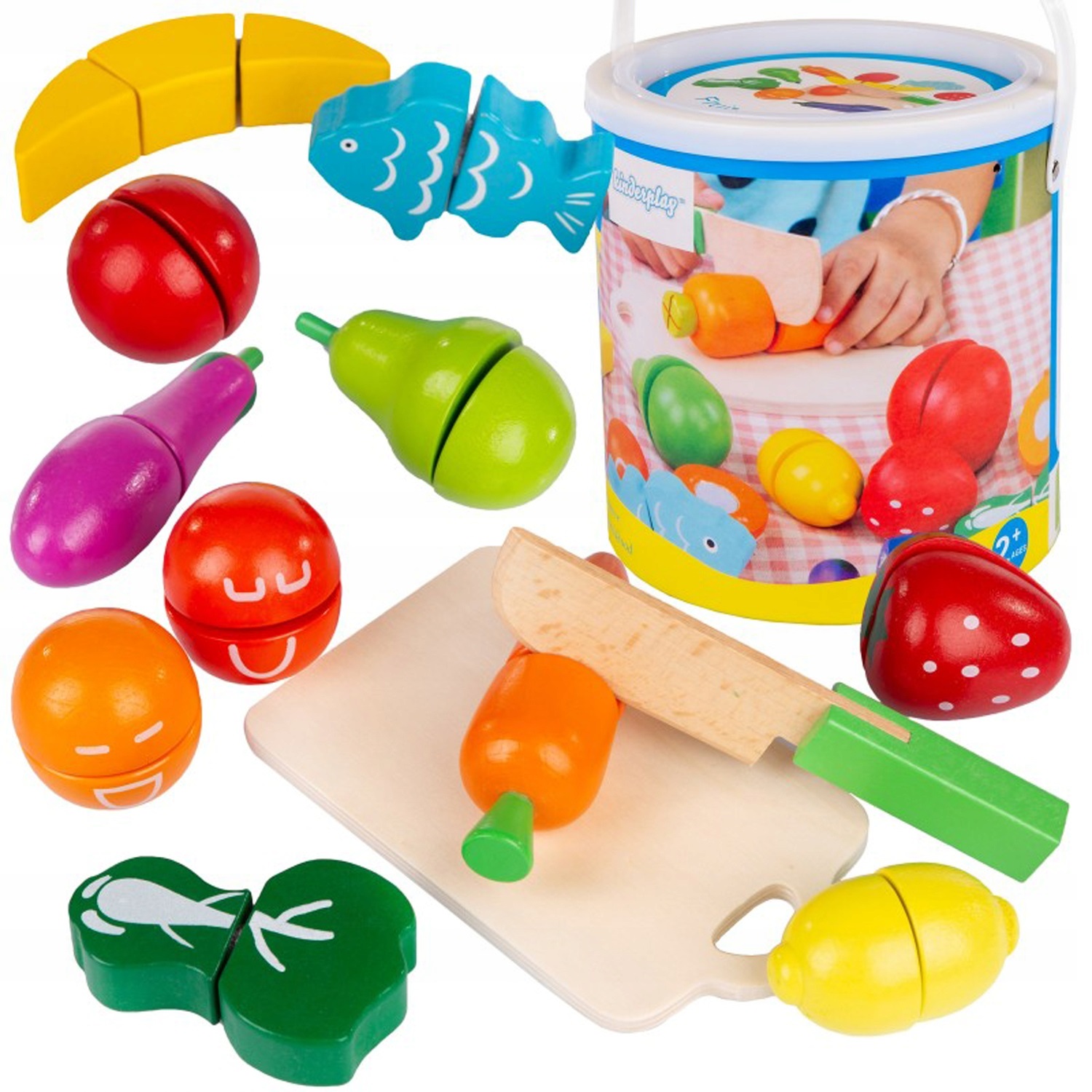 Set de jocuri Iso Trade - Fructe și legume din lemn într-o găleată