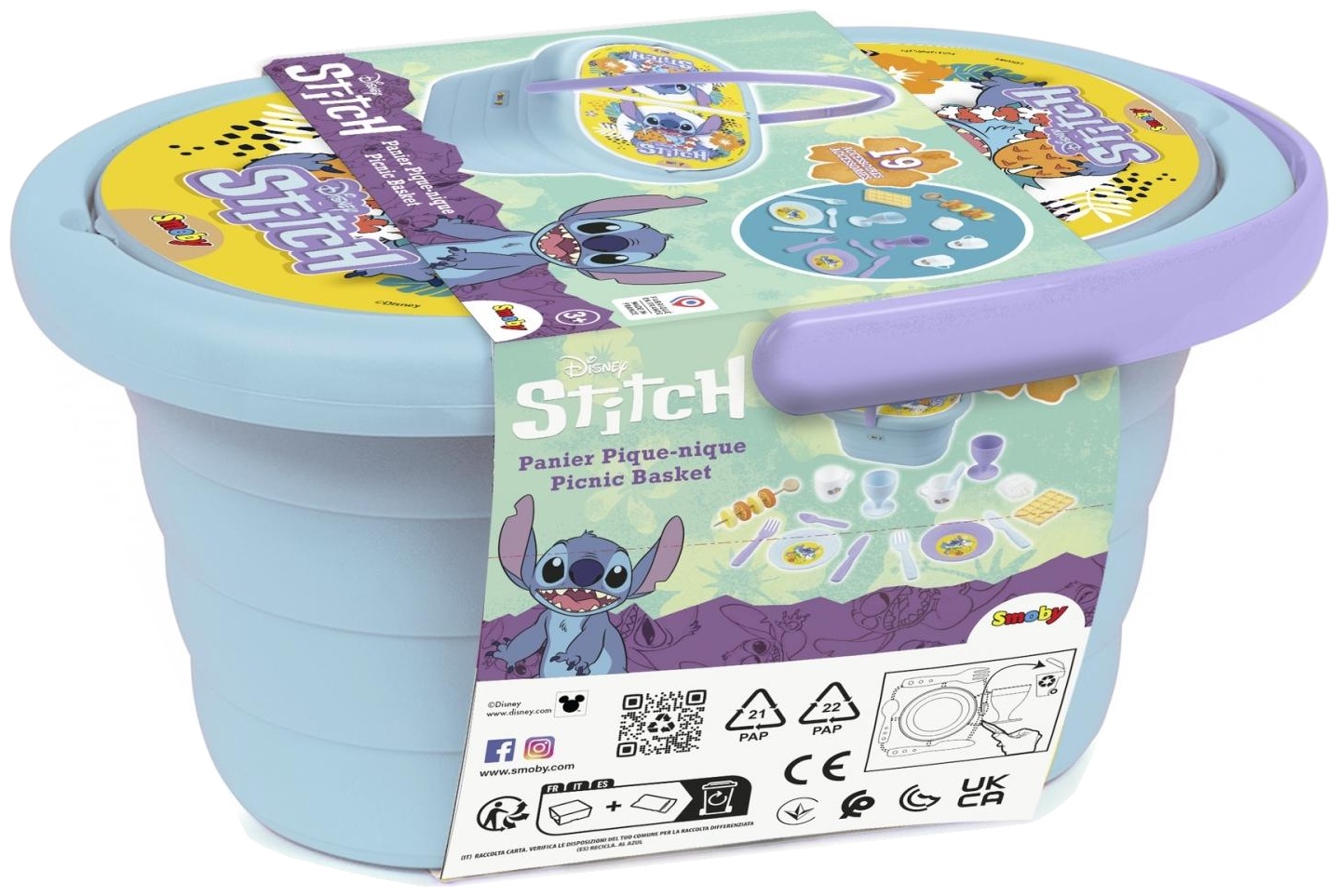 Set de joacă Smoby - Coș de picnic Stitch, cu 19 accesorii