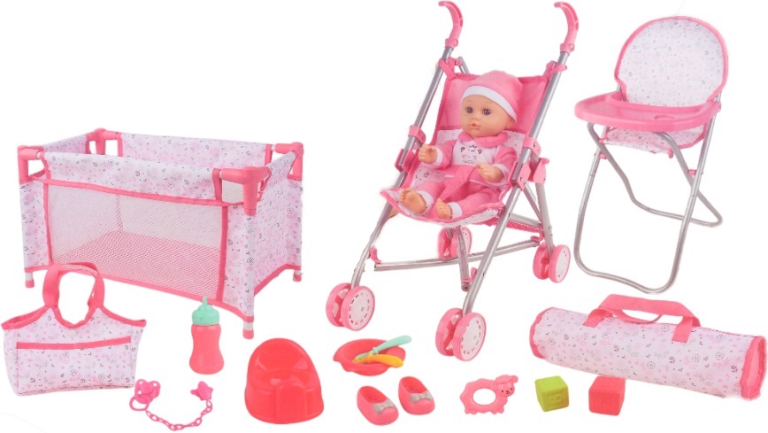Set de joacă  Tutu Love - Păpuşăcu cărucior, pătuț și scaun, roz, 36 cm