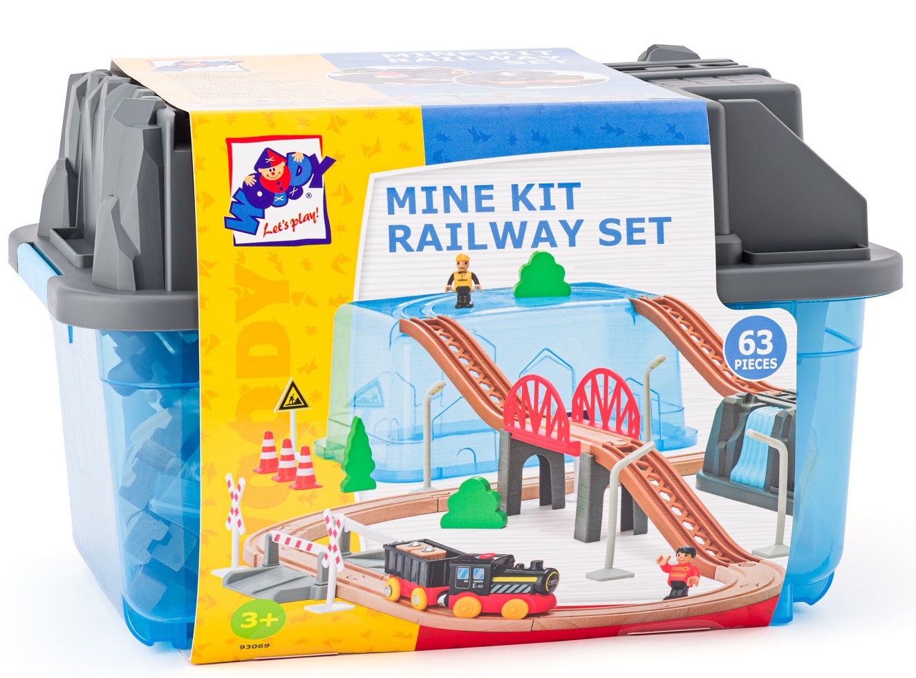 Set de joc Woody - Tren de lemn, mină, 63 de piese