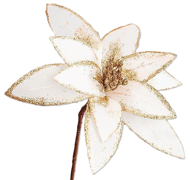 Floare artificial Eurolamp - Alb cu brocart auriu, 23 cm