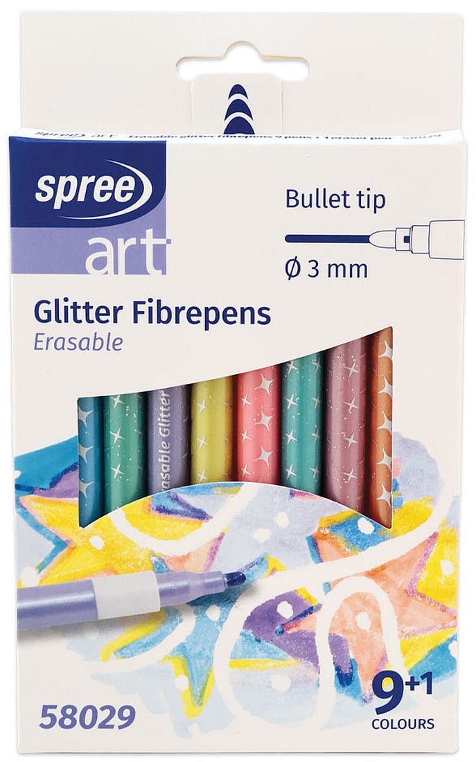 Markere ștergătoare Spree Art - Glitter, 9 culori pastelate + 1