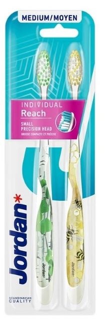 Jordan Individual Reach Set de periuțe de dinți cu cap mediu de designer, Medium, 2 buc, sortiment